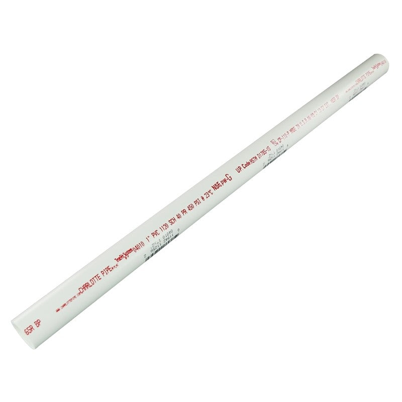 Charlotte Pipe PVC 04010 0200R Pipe, 1 in, 2 ft L, SCH 40 Schedule, PVC, White