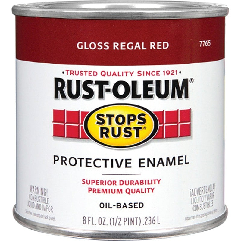 Rust-Oleum Stops Rust 7765730 Enamel Paint, Oil, Gloss, Regal Red, 0.5 pt, Can, 50 to 90 sq-ft/qt Coverage Area