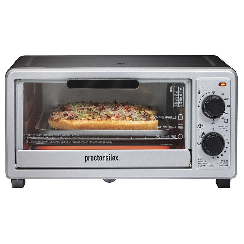 Proctor Silex 31260G Toaster Oven, 1100 W, 4-Slice, Manual Control, Stainless Steel, Black