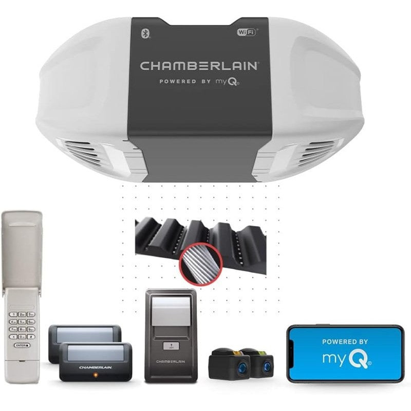 Chamberlain B2405 Garage Door Opener, Belt Drive, OS: myQ and Security+ 2.0, Gray