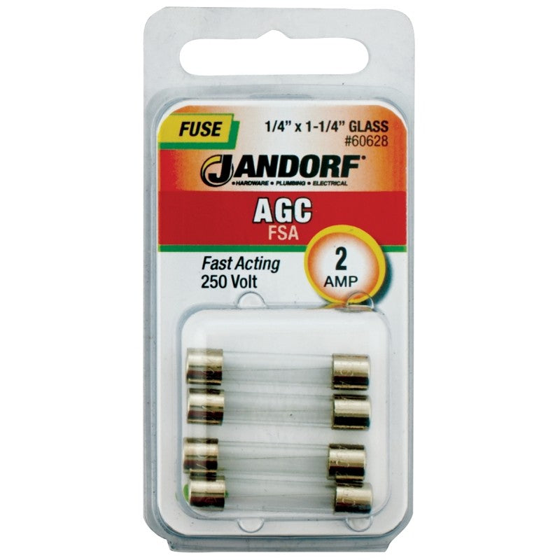 Jandorf 60628 Series Fast Acting Fuse, 0.07 Ohm, 2 A, 250 V, 100 A, 10 kA Interrupt, Glass Body