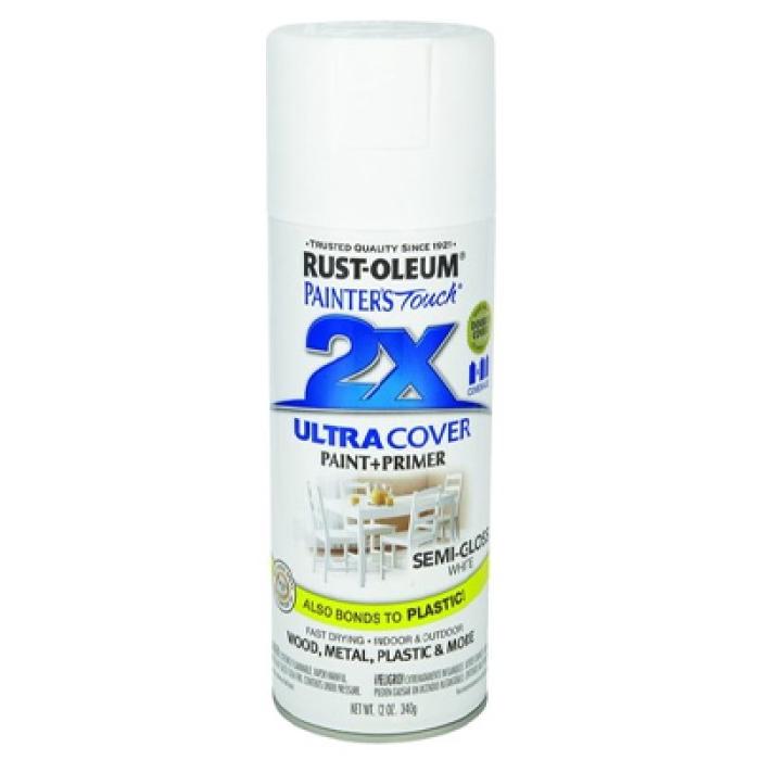 Rust-Oleum Painter's Touch 2X Ultra Cover 334098 Spray Paint, Semi-Gloss, White, 12 oz, Aerosol Can