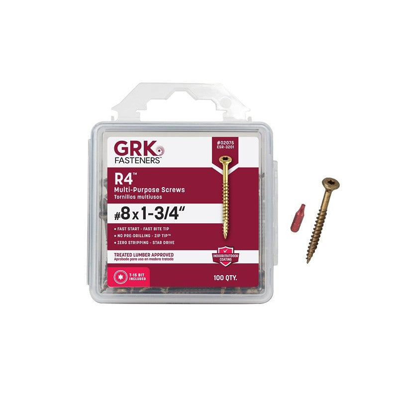 GRK Fasteners R4 02075 Framing and Decking Screw, #8 Thread, 1-3/4 in L, Star Drive, Steel, 100 PK