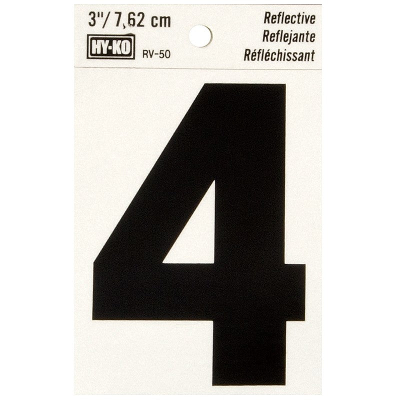Hy-Ko RV-50/4 Reflective Sign, Character: 4, 3 in H Character, Black Character, Silver Background, Vinyl (Pack of 10)