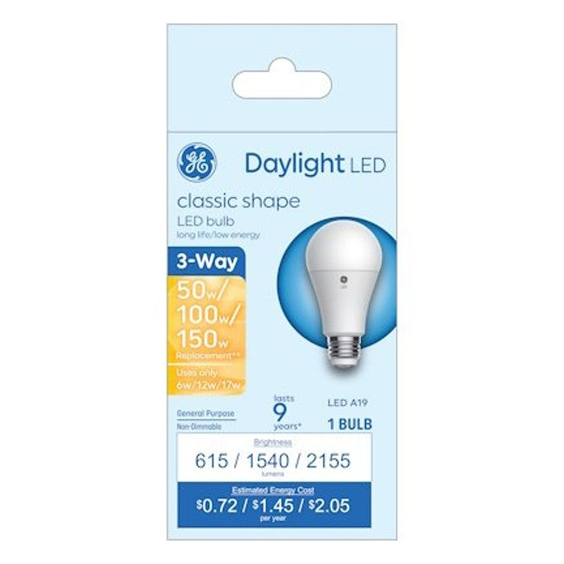 GE 93130568 LED Bulb, 3-Way, A19 Lamp, 50/100/150 W Equivalent, Medium Lamp Base, DayLight, 5000 K Color Temp