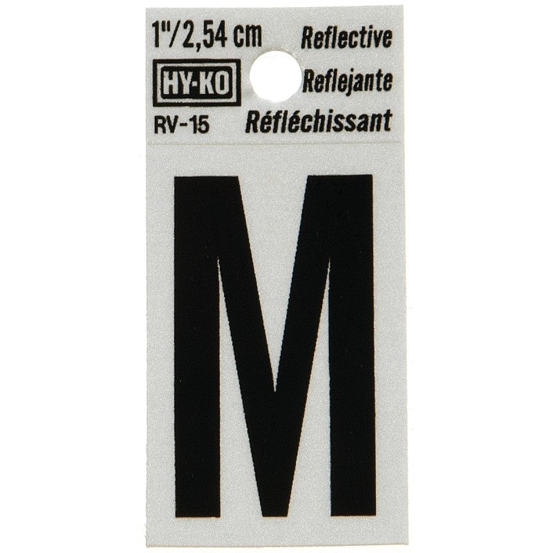 Hy-Ko RV-15/M Reflective Letter, Character: M, 1 in H Character, Black Character, Silver Background, Vinyl (Pack of 10)