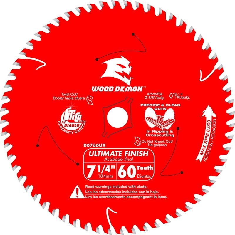 Diablo D0760UXA Saw Blade, 7-1/4 in Dia, 5/8 in Arbor, 60-Teeth, Carbide Cutting Edge, Applicable Materials: Wood (Pack of 10)