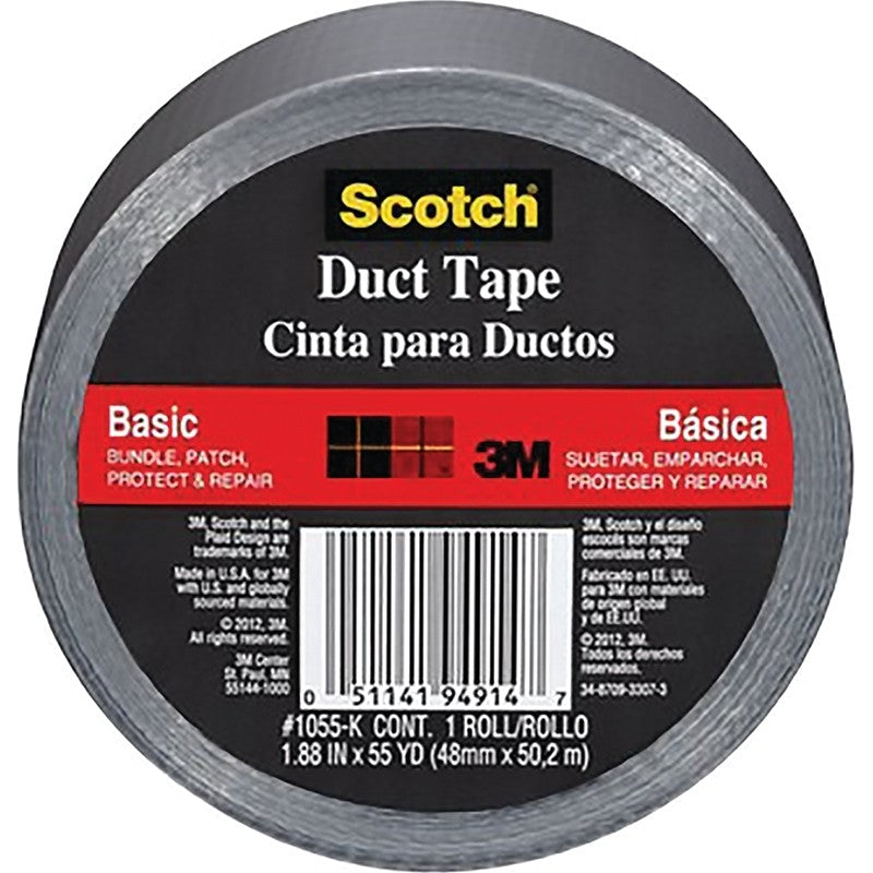 Scotch 1055 Utility Basic Duct Tape, 55 yd L, 1.88 in W, Cloth Backing, Silver
