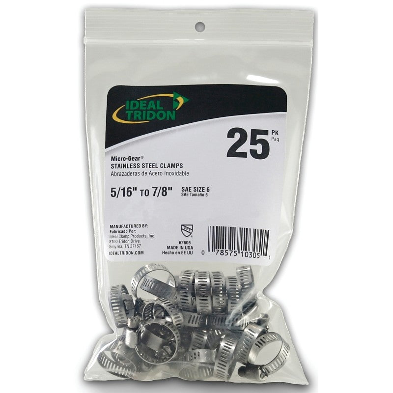 Ideal-Tridon Micro-Gear 62M Series 6260650 Worm Gear Hose Clamp, #6, 5/16 to 7/8 in, Stainless Steel, 5/16 in W