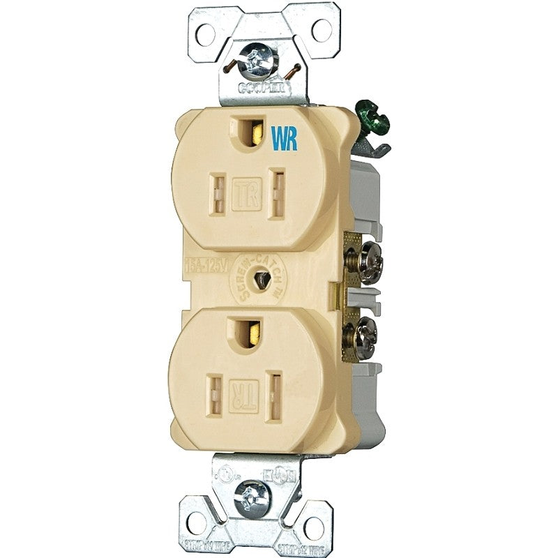 Eaton Wiring Devices TWRBR15V Duplex Receptacle, Nylon, Ivory, 2-Pole, 15 A, 125 V, Back, Side Wiring, NEMA: 5-15R