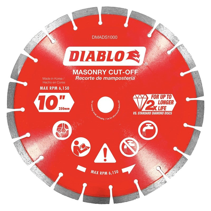 Diablo DMADS1000 Series Saw Blade, Cut-Off Disc Blade, 10 in Dia, Segmented Rim, 1/PK
