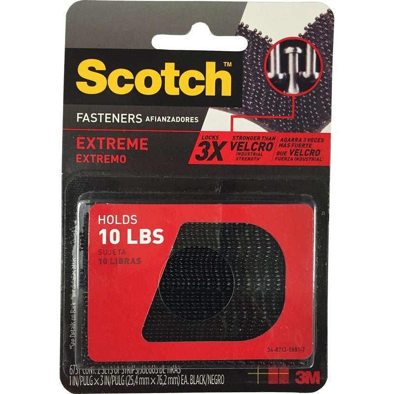 Scotch RF6731 Fastener, 1 in W, 3 in L, Black, 10 lb, Acrylic Adhesive