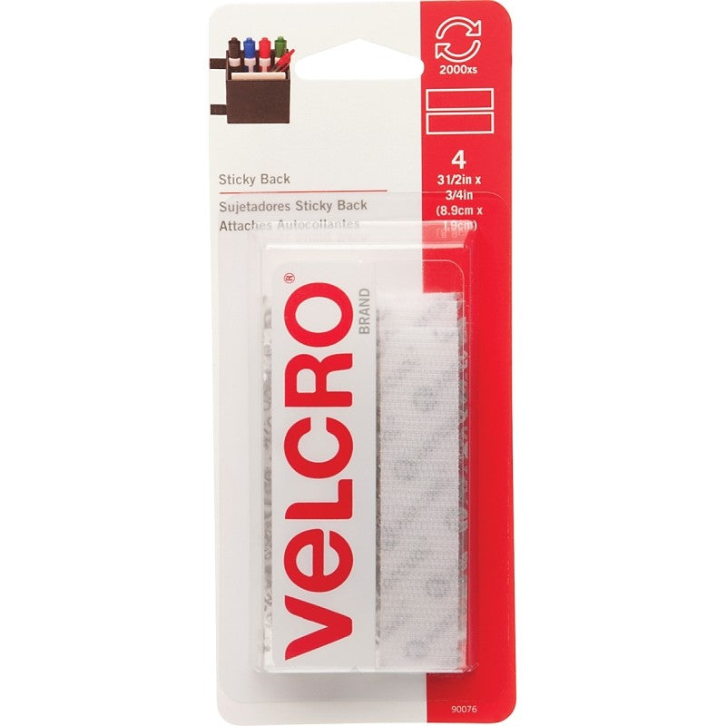 VELCRO Brand 90076 Fastener, 3/4 in W, 3-1/2 in L, Nylon, White, Rubber Adhesive