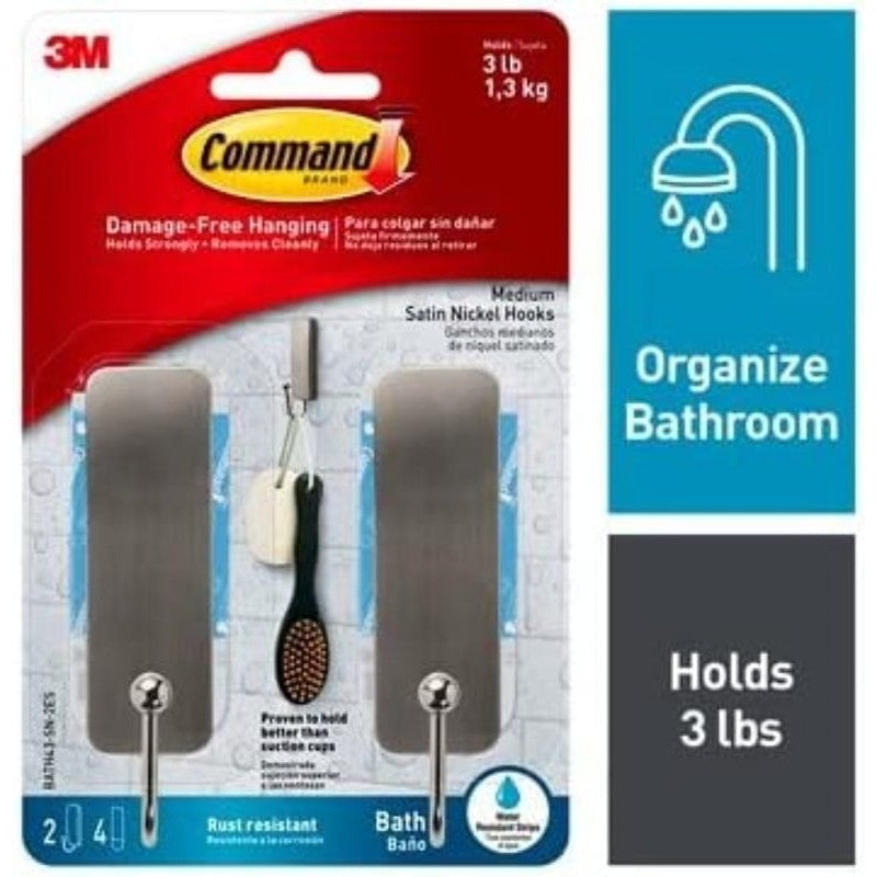 Command BATH43-MB-2ES Medium Bath Hook, 3 lb, 2-Hook, Metal, Matte Black