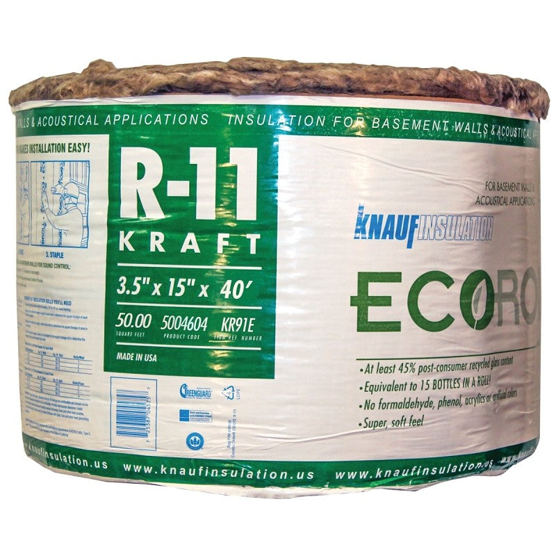 Knauf Insulation ECOROLL KR91E/TAK Insulation, 40 ft L, 15 in W, R11 R-Value, Fiberglass/Steel, Brown