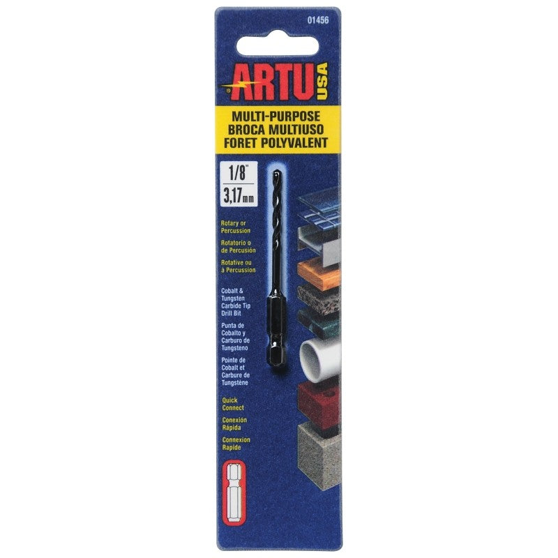 ARTU 01456 Drill Bit, 1/8 in Dia, 2-7/8 in OAL, Multi-Purpose, Parabolic Flute, Quick-Connect Shank