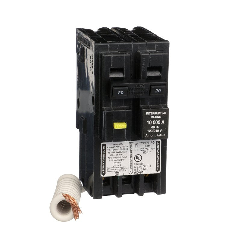 Square D Homeline HOM220GFIC Miniature Circuit Breaker, GFCI, 20 A, 2-Pole, 120/240 V, Plug-In Mounting (Pack of 3)