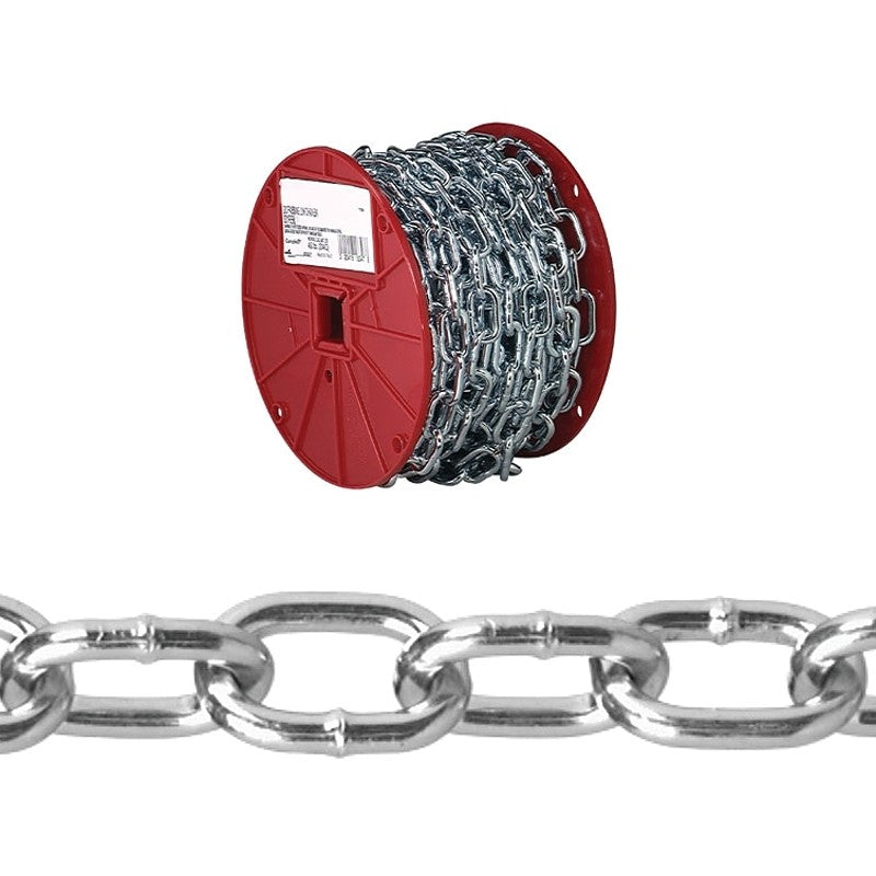 Campbell 072-2927 Passing Link Chain, 2/0, 125 ft L, 450 lb Working Load, Steel, Zinc