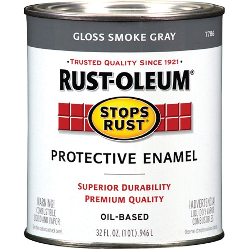 Rust-Oleum Stops Rust 7786502 Enamel Paint, Oil, Gloss, Smoke Gray, 1 qt, Can, 50 to 90 sq-ft/qt Coverage Area