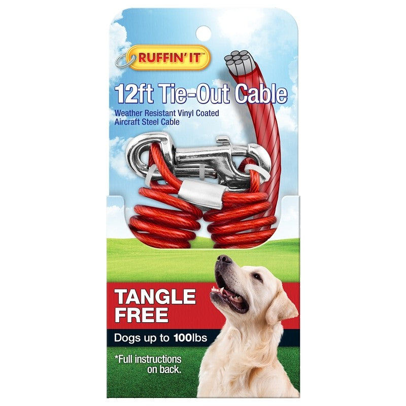 Ruffin'It 29712 Tie-Out Cable, Tangle-Free, Swivel Snap End, 12 ft, Steel, Red, For: Dogs up to 100 lb