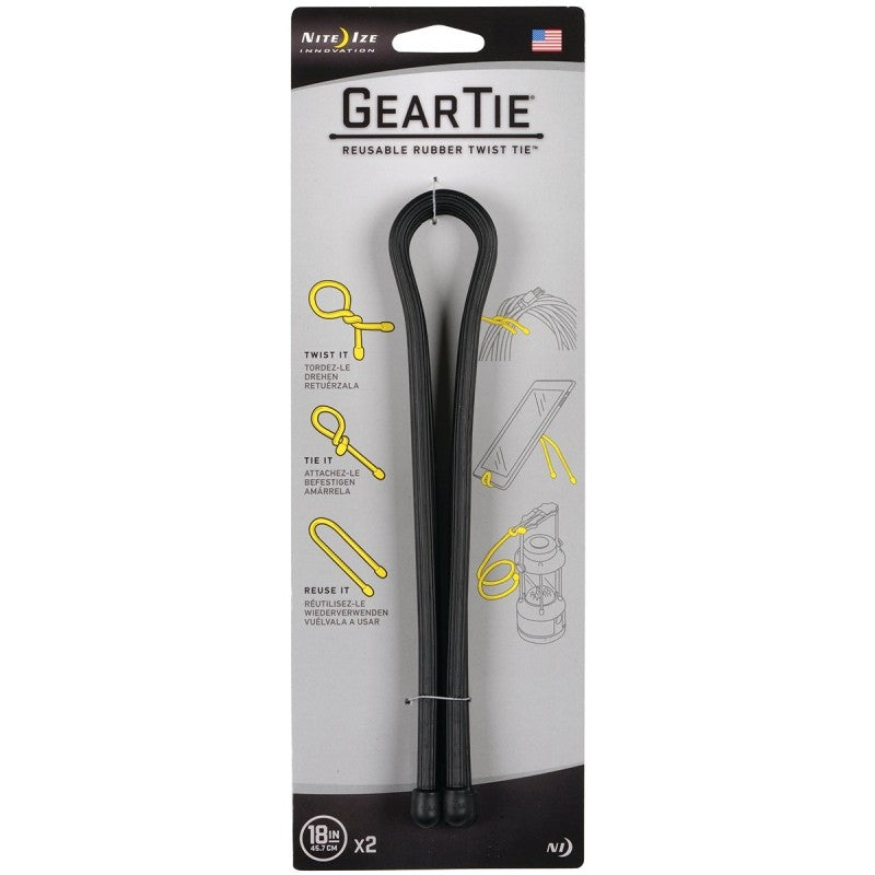 Gear Tie GT18-2PK-01 Twist Tie, Rubber, Black, 18 in L