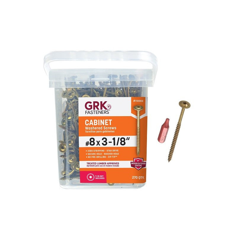 GRK Fasteners 110083 Cabinet Screw, #8 Thread, 3-1/8 in L, Washer Head, Star Drive, Steel, 270 PK
