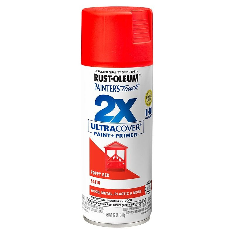 Rust-Oleum Painter's Touch 2X Ultra Cover 334084 Spray Paint, Satin, Poppy Red, 12 oz, Aerosol Can