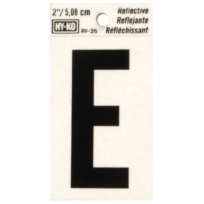 Hy-Ko RV-25/E Reflective Letter, 1-1/2 in W x 3 in H Dimensions, Character: E, 2 in H Character, Black Character, Vinyl (Pack of 10)