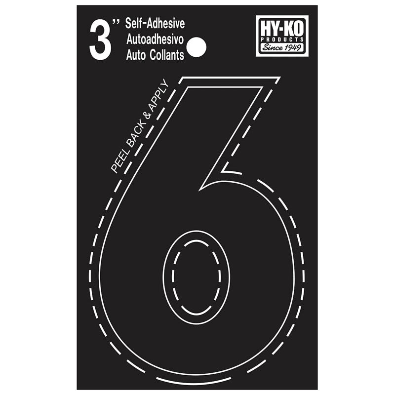 Hy-Ko 30400 Series 30406 Die-Cut Number, Character: 6, 3 in H Character, Black Character, Vinyl (Pack of 10)