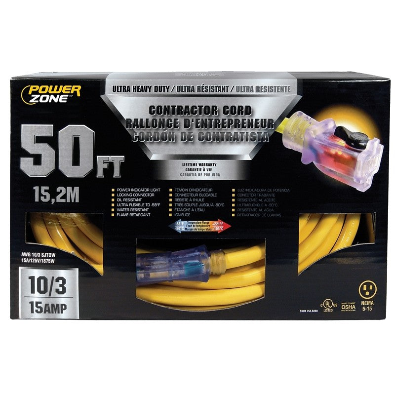 PowerZone ORP511930 Contractor Cord, 10 AWG Cable, 50 ft L, 15 A, 125 V, Yellow