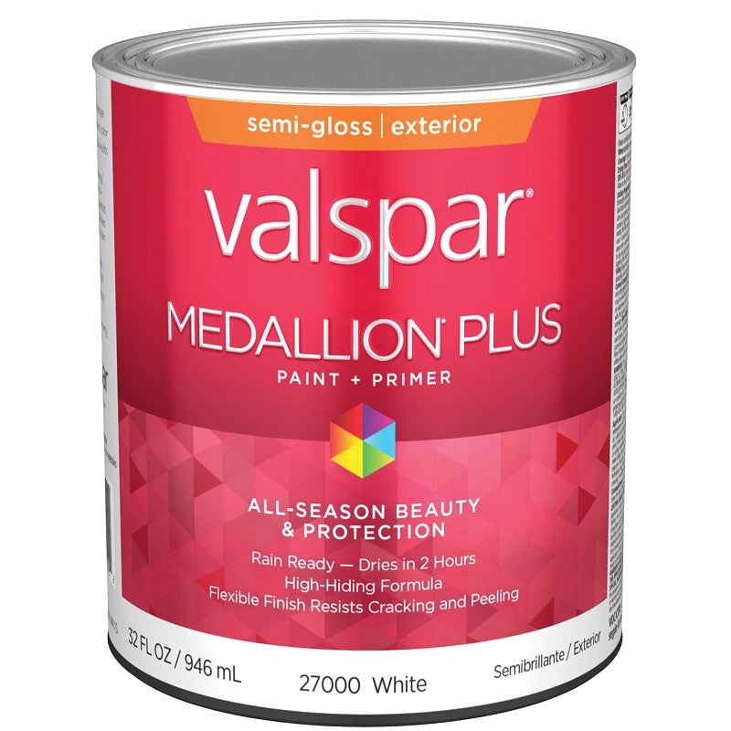 Valspar Medallion Plus 2600 028.0027000.005 Latex Paint, Acrylic Base, Semi-Gloss Sheen, White Base, 1 qt