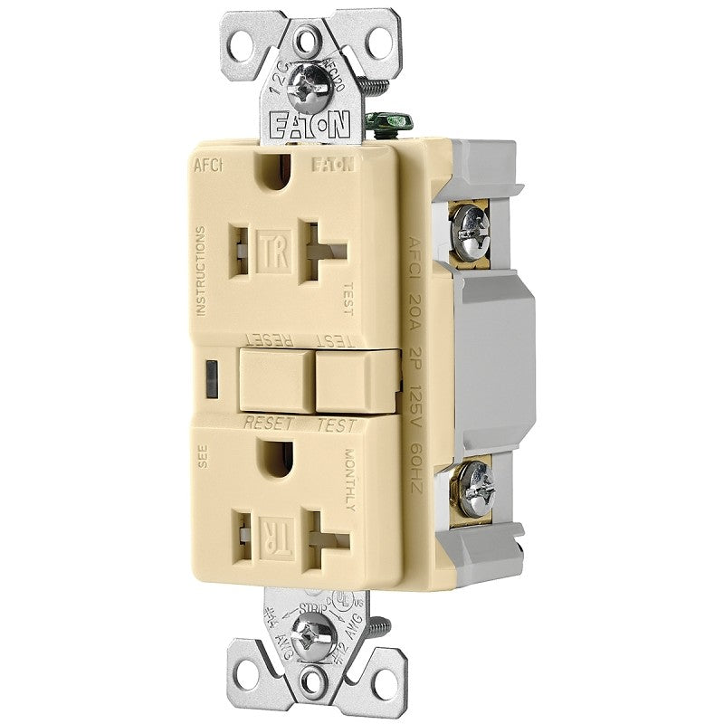 Eaton Wiring Devices TRAFCI20V AFCI Receptacle, 2 -Pole, 20 A, 125 V, Back, Side Wiring, NEMA: 5-20R, Ivory