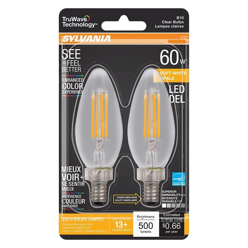 Sylvania 40796 Natural LED Bulb, Decorative, B10 Blunt Tip Lamp, 60 W Equivalent, E12 Lamp Base, Dimmable, Clear