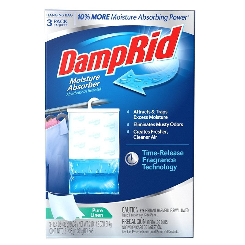 DampRid FG83PLSB Moisture Absorber, 15.4 oz Hanging Bag, Flake, Pellet, Odorless, Pure Linen (Pack of 4)