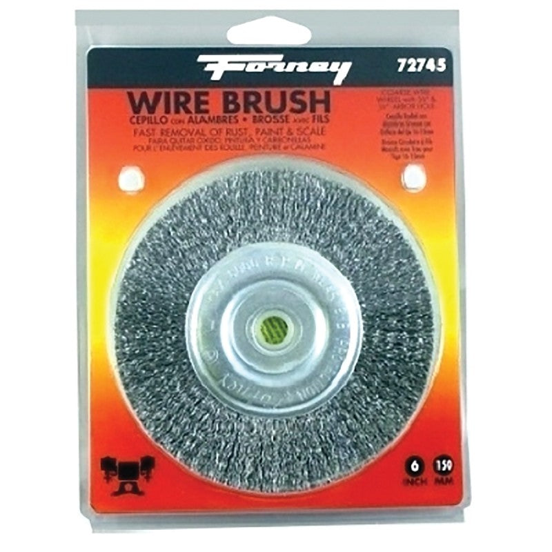 Forney 72745 Wire Wheel Brush, 6 in Dia, 1/2 to 5/8 in Arbor/Shank, 0.012 in Dia Bristle