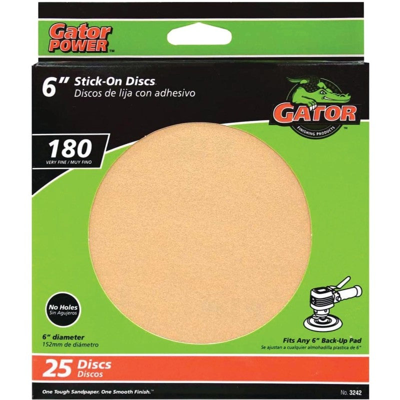 Gator 3242 Sanding Disc, 6 in Dia, Coated, 180 Grit, Very Fine, Aluminum Oxide Abrasive, Paper Backing, 25/PK
