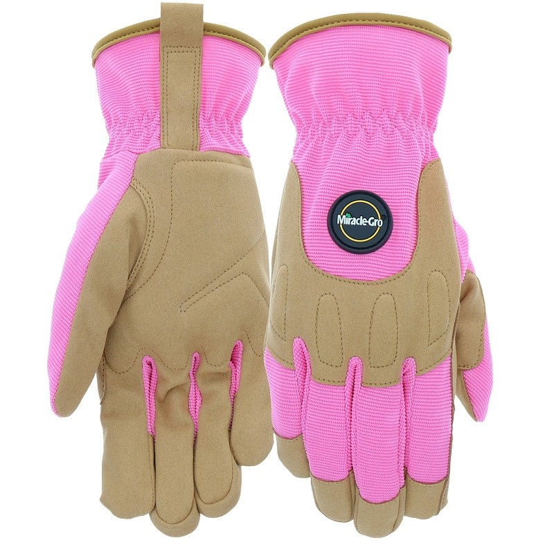 Miracle-Gro MG86203/WSM High-Dexterity Gloves, Women's, S/M, 3-3/4 in L, Reinforced Thumb, Shirred Wrist Cuff, Pink