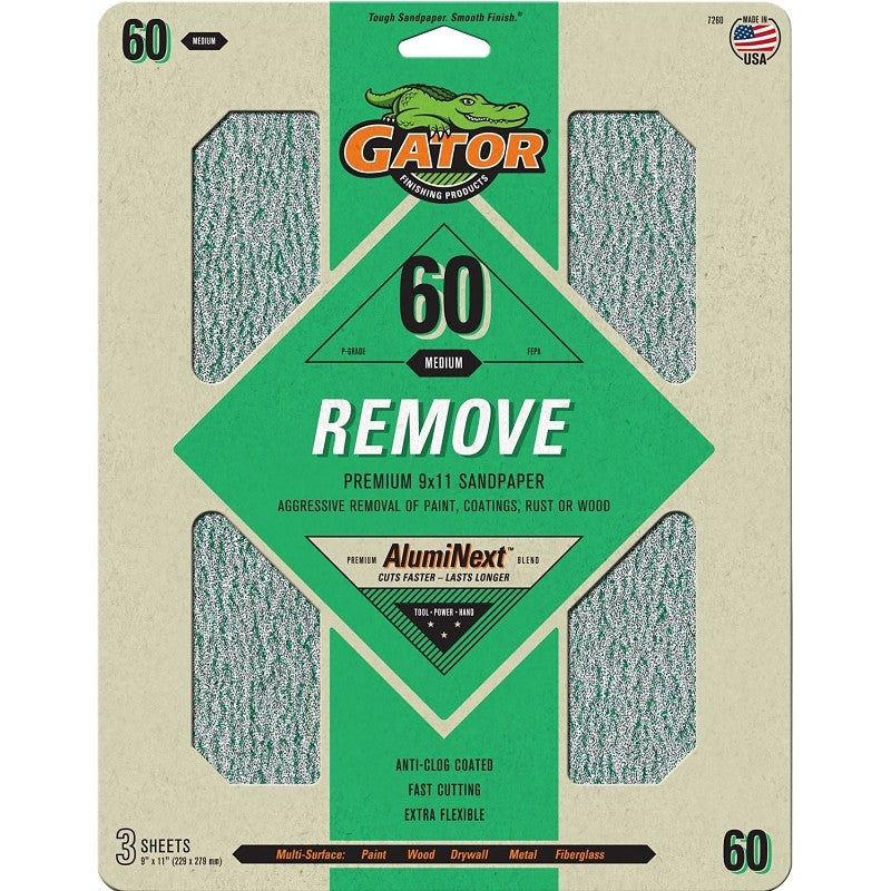 Gator 7260 Sanding Sheet, 9 in W, 11 in L, 60 Grit, Coarse, Aluminum Oxide Abrasive