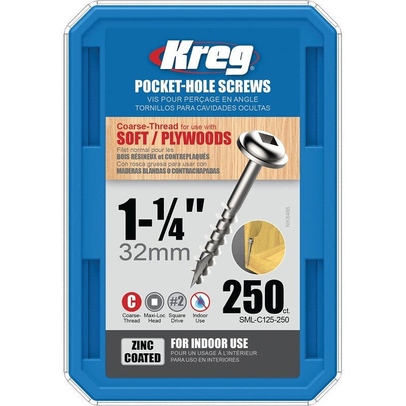Kreg SML-C125-250 Pocket-Hole Screw, #8 Thread, 1-1/4 in L, Coarse Thread, Square Drive, Carbon Steel, 250/PK
