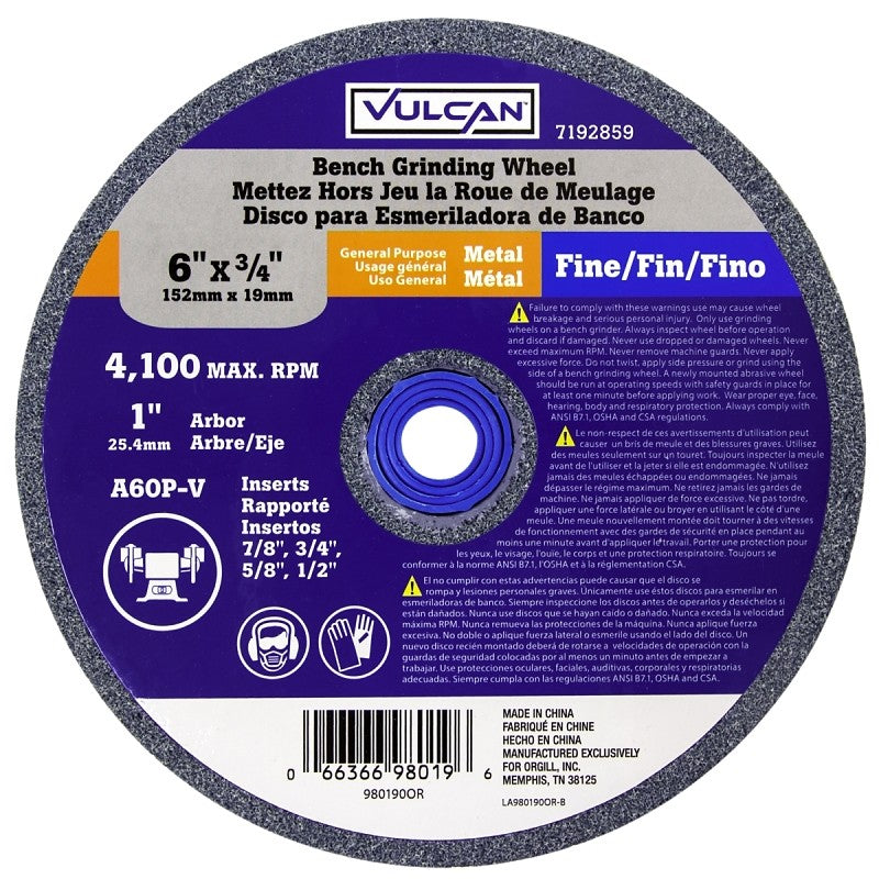 Vulcan 980190OR Straight Bench Grinding Wheel, 6 in Dia, 1 in Arbor, 60 Grit, Fine, Aluminum Oxide Abrasive