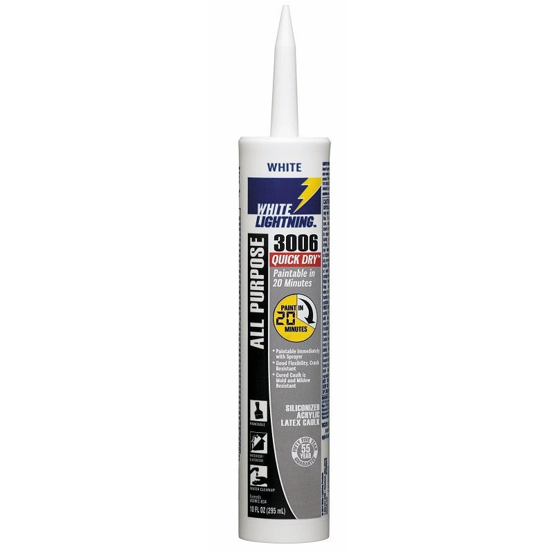 White Lightning 3006 Quick Dry W12QD0010 Caulk, White, 7 days Curing, 40 to 140 deg F, 10 fl-oz Syringe (Pack of 12)