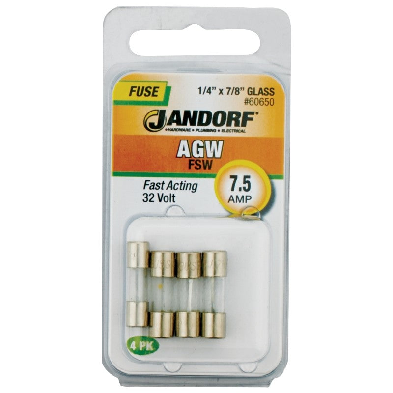 Jandorf 60650 Fast Acting Fuse, 7.5 A, 32 V, 10 kA Interrupt, Glass Body
