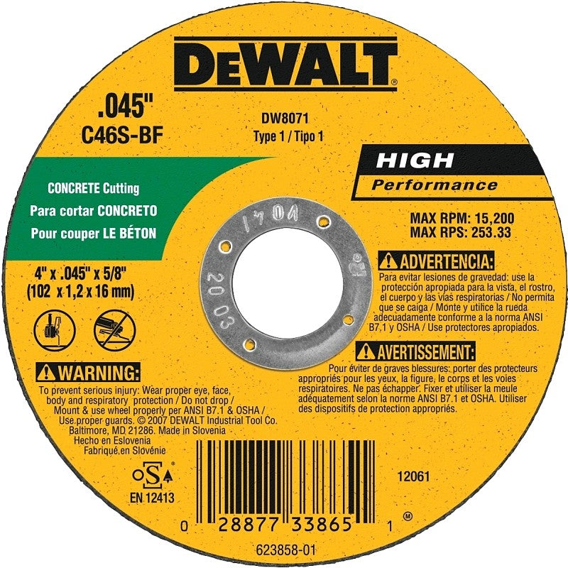 DEWALT DW8071 Cutting Wheel, 4 in Dia, 0.045 in Thick, 5/8 in Arbor, Medium, Silicone Carbide Abrasive (Pack of 25)