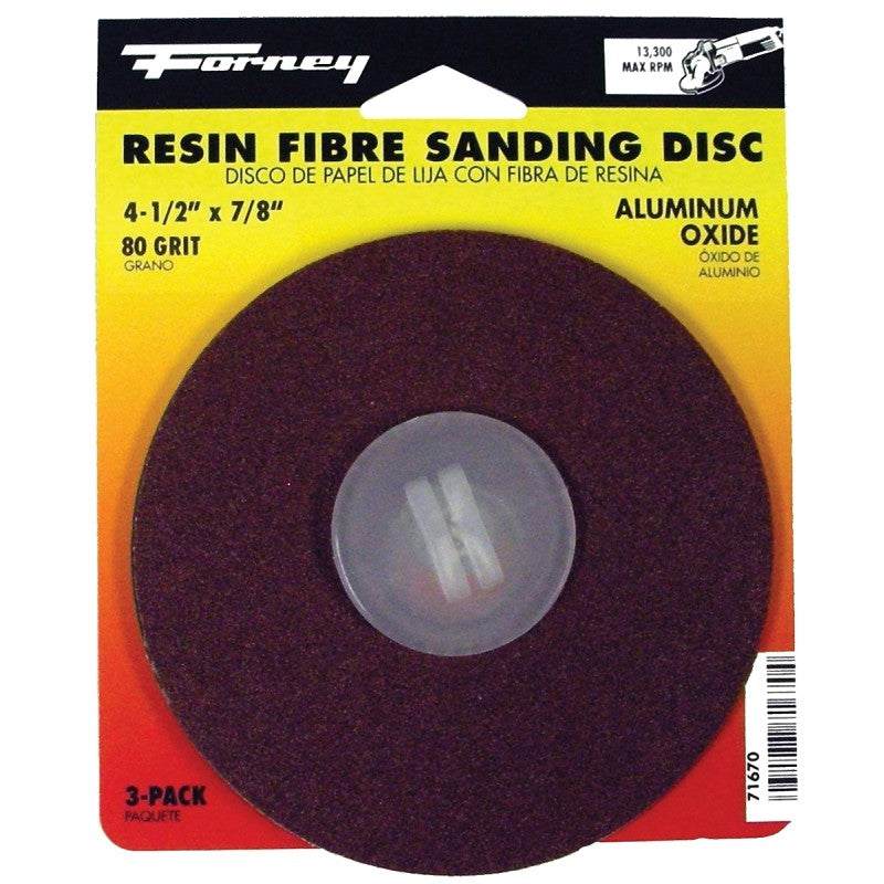 Forney 71670 Sanding Disc, 4-1/2 in Dia, 7/8 in Arbor, Coated, 80 Grit, Medium, Aluminum Oxide Abrasive