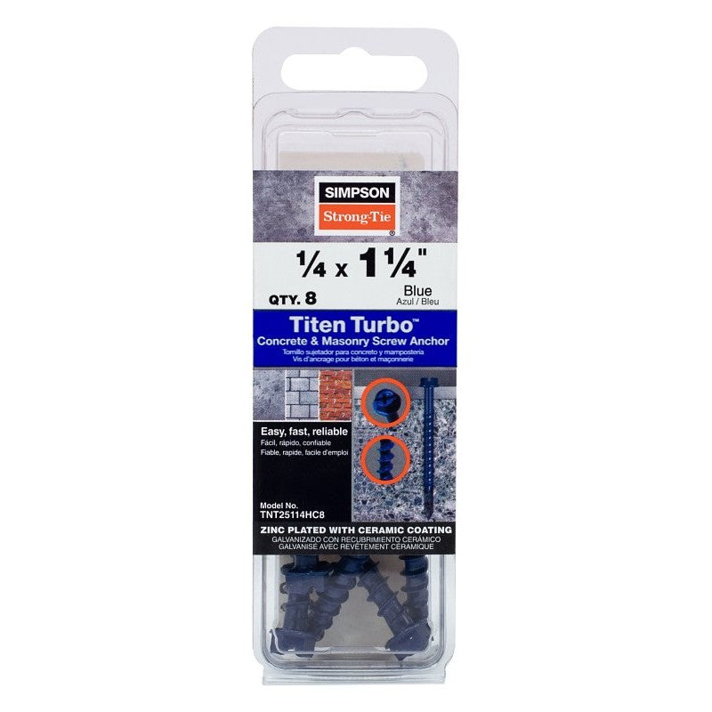 Simpson Strong-Tie Titen Turbo TNT25114HC8 Screw Anchor, 1/4 in Dia, 1-1/4 in L, Carbon Steel, Zinc Plated