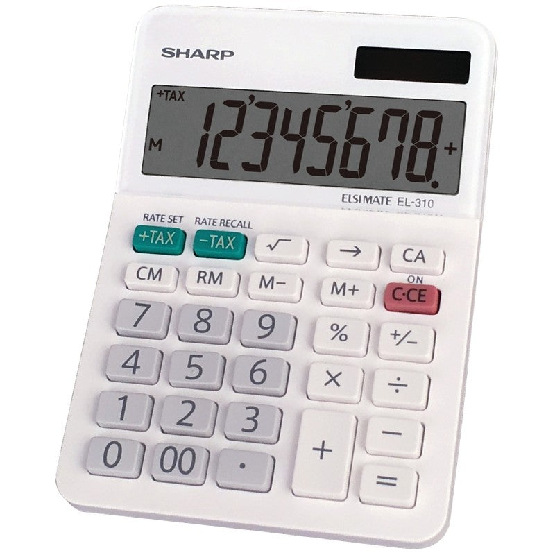Sharp EL310WB Mini Desktop Calculator, Battery, 8 Display, LCD Display, White