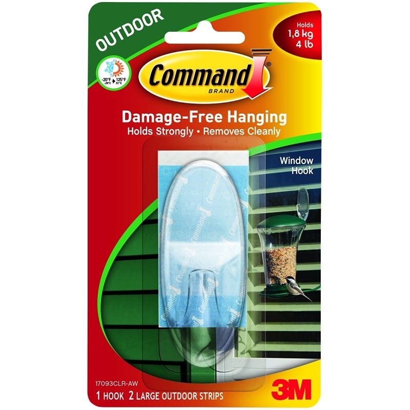 Command 17093CLR-AW Window Hook, 3-3/8 in L x 1-3/8 in W x 1 in H Dimensions, 4 lb, 1-Hook, Plastic, Clear