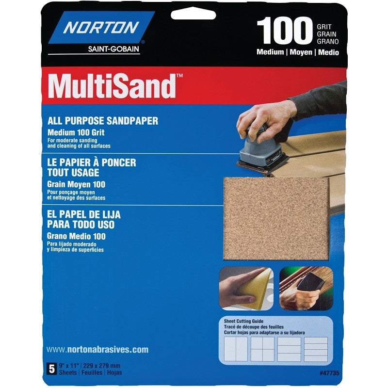 Norton MultiSand 07660747735 Abrasive Sheet, 11 in L, 9 in W, Medium, P100 Grit, Aluminum Oxide Abrasive, Paper Backing