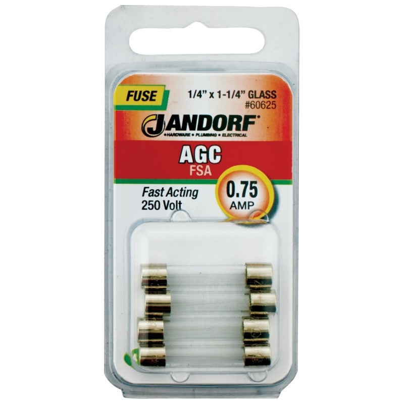 Jandorf 60625 Fast Acting Fuse, 0.75 A, 250 V, 35 A, 10 kA Interrupt, Glass Body