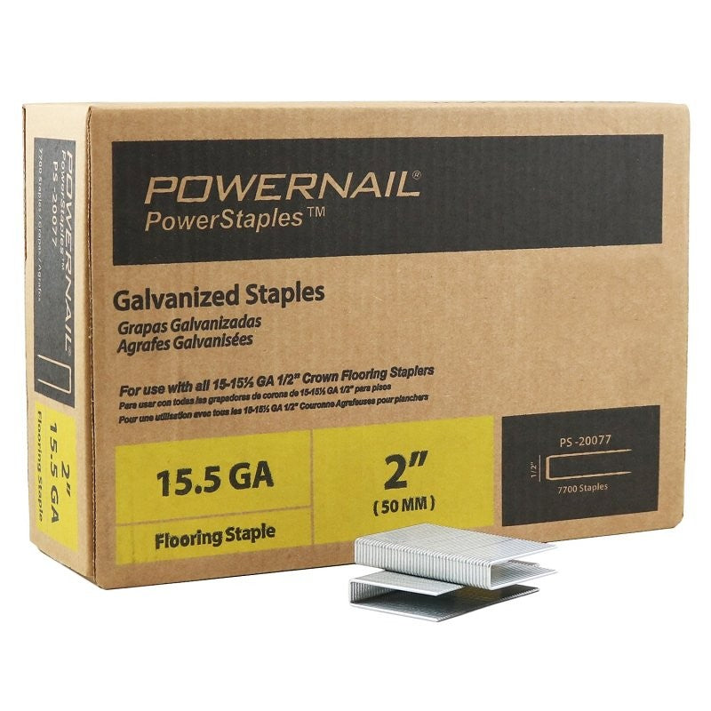 Powernail PowerStaples PS20077 Flooring Staple, 1/2 in W Crown, 2 in L Leg, 15.5 ga, Carbon Steel, Galvanized, 7700/PK